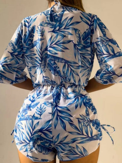Leaf Print Waist-cinching Tie Long-sleeved Sun Protection Bikini Three-Piece Set