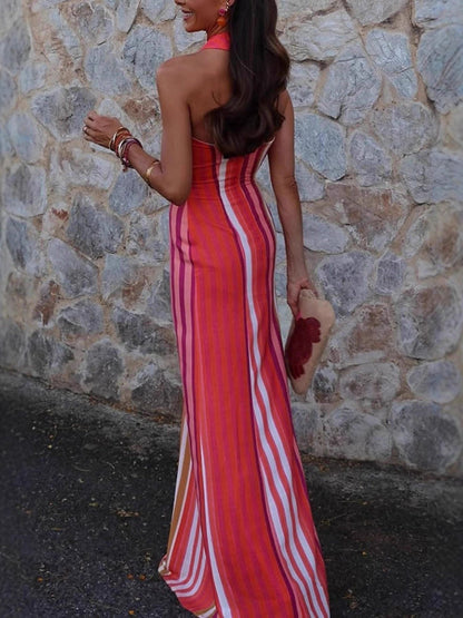 Stripes Cross-neck Sleeveless Fit Maxi Dresses