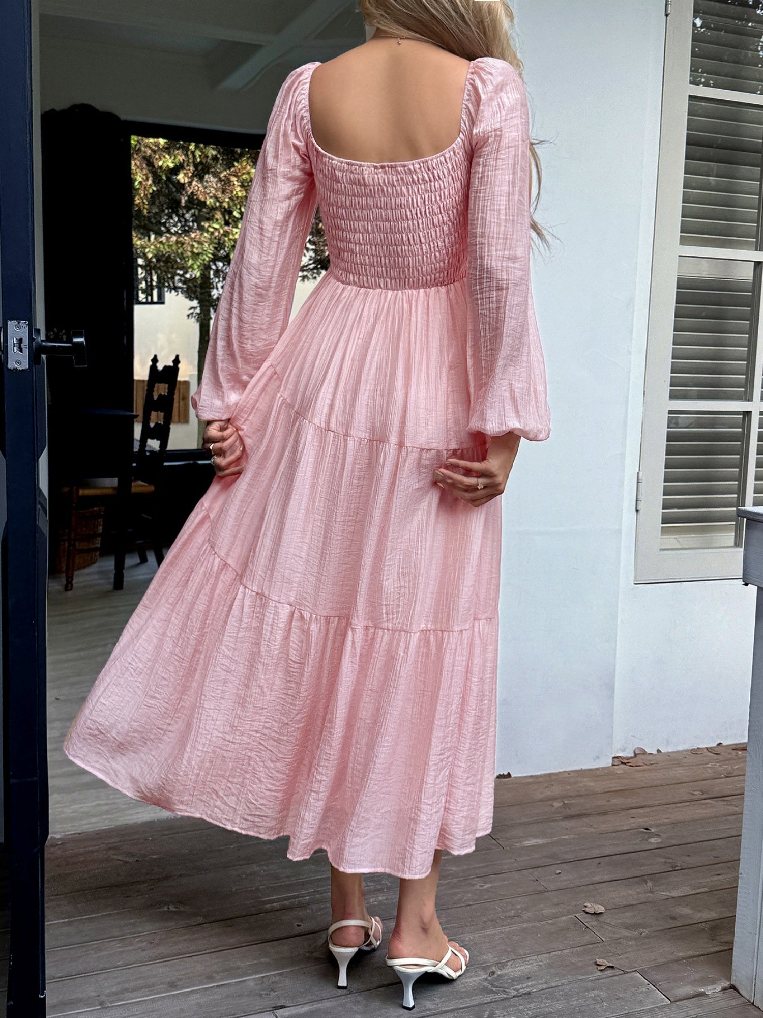 Straps Puff Sleeve U-neck Long Sleeve Maxi Dresses