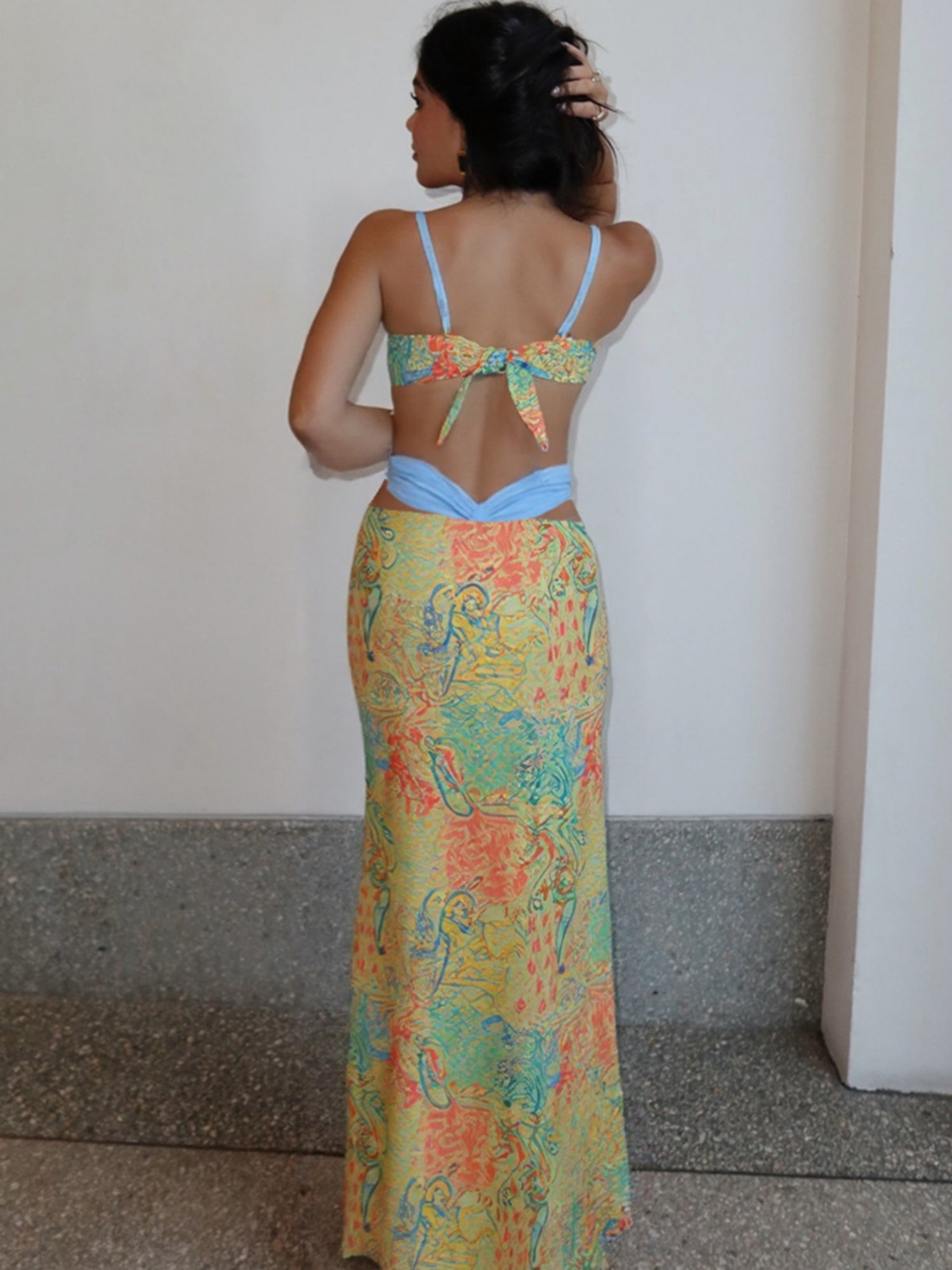Color-blocked Print Strappy Top High-waisted Midi Skirt 3 Piece Bikinis