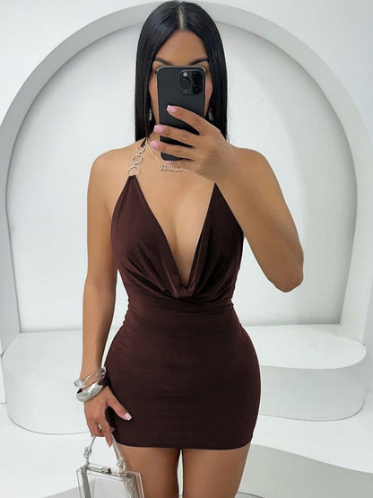Deep V-neck Exposed Backpack Buttocks Camisoles Mini&Short Dresses