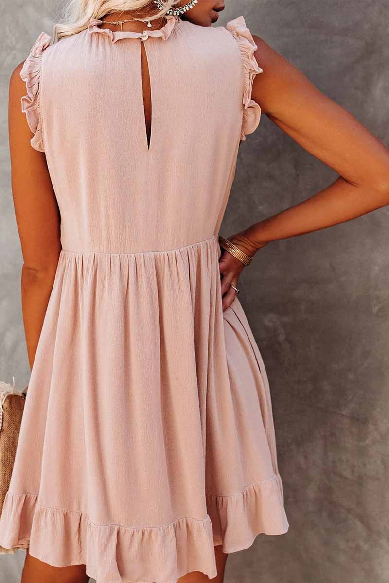 Ruffle Trim Crew Neck Empire Waist Babydoll Tiered Mini Dress