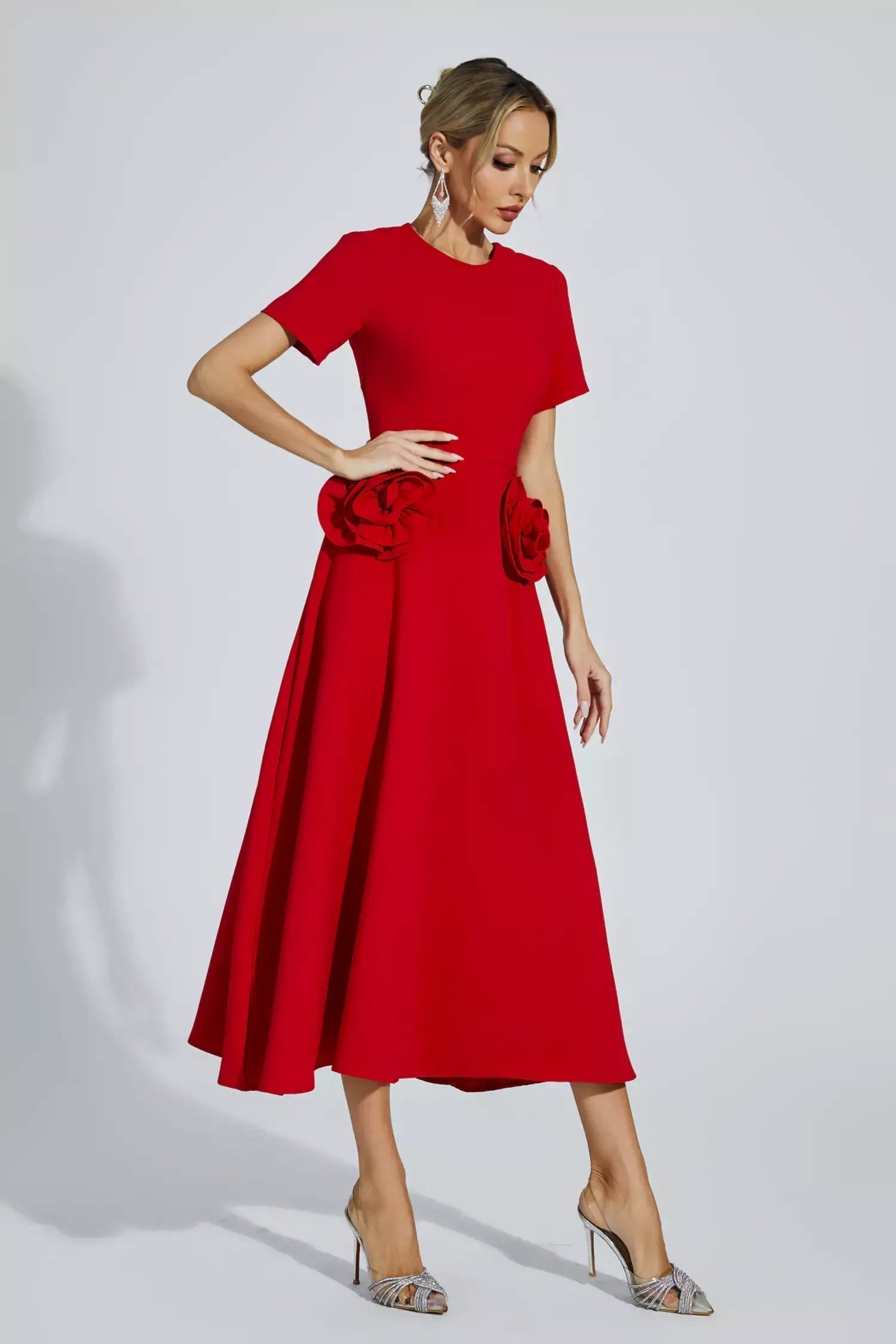Short Sleeve High Neck A-Line Peplum Side Ruffle Midi Dress