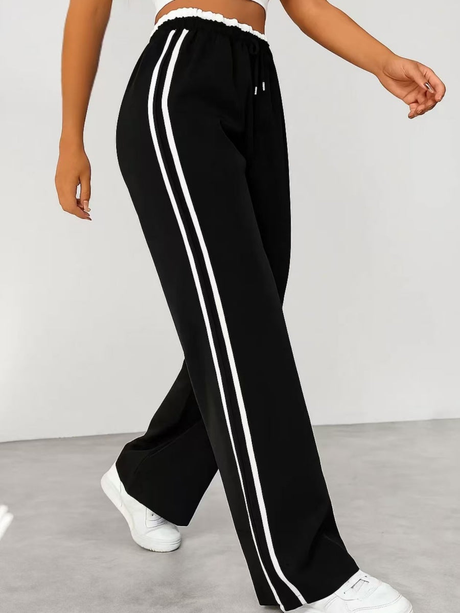 Drawstring High-waisted Wide-leg Pants Loose-fit Drape Sports Pants