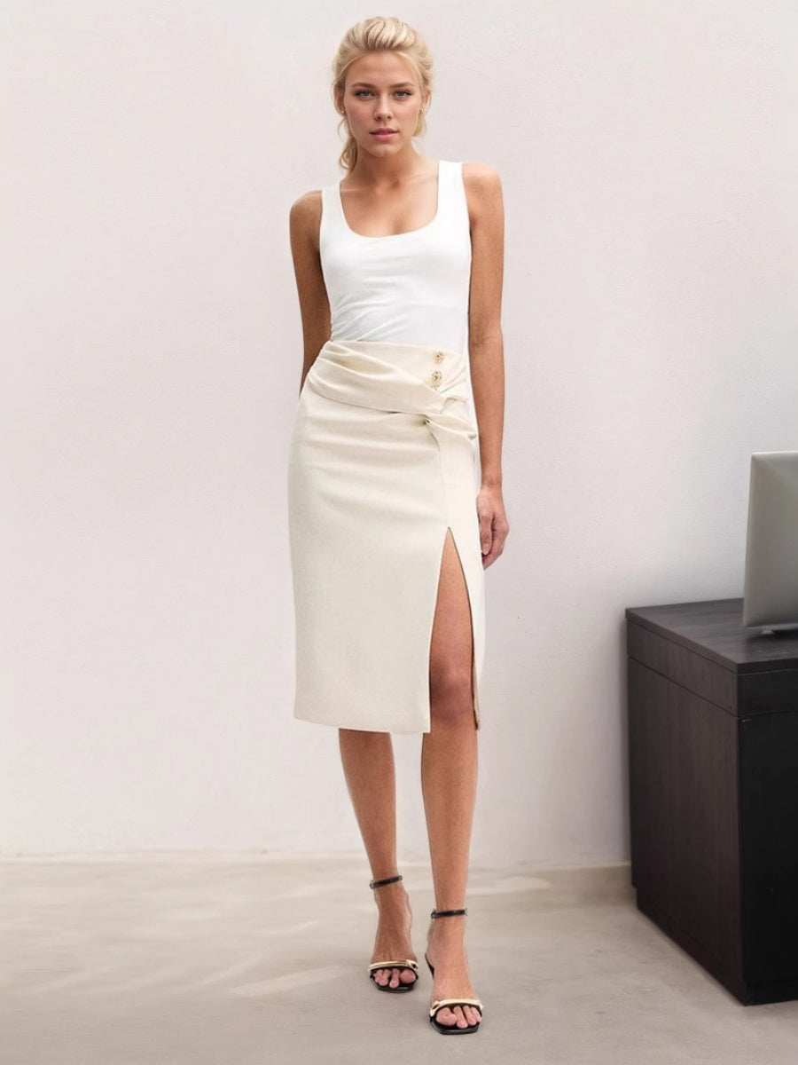 OL Attire Pleated Buttons Slit Skirts