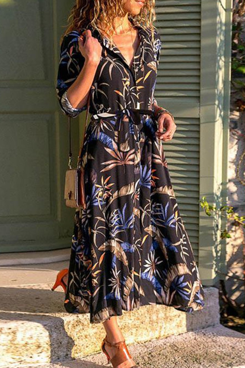 Tropical Botanical Print Collared Button-Front Tie-Waist Maxi Shirt Dress