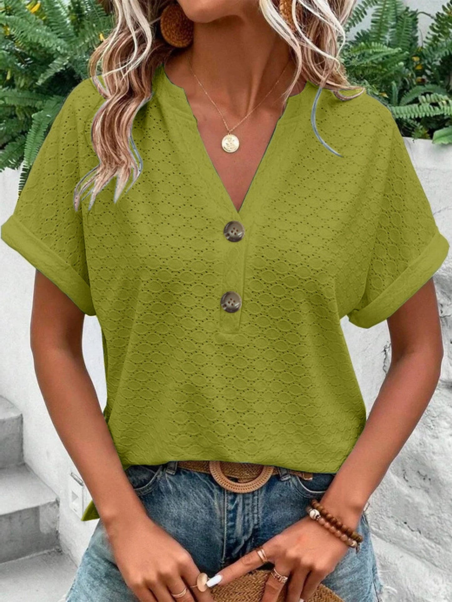 Knitting Buttons V-neck Short Sleeve T-shirts