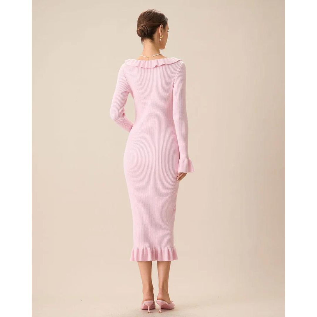 Ruffle Trim Scoop Neck Button Front Rib Knit Midi Dress