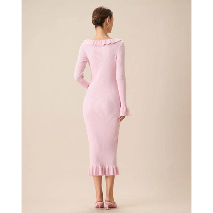 Ruffle Trim Scoop Neck Button Front Rib Knit Midi Dress