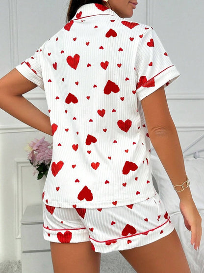 Heart-print Cardigan With Collar And Button-down Short Sleeves And Shorts, Two-piece Loungewear Set