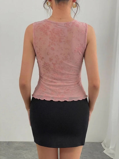 Flocking Mesh Pink Lace V-neck Tank Tops