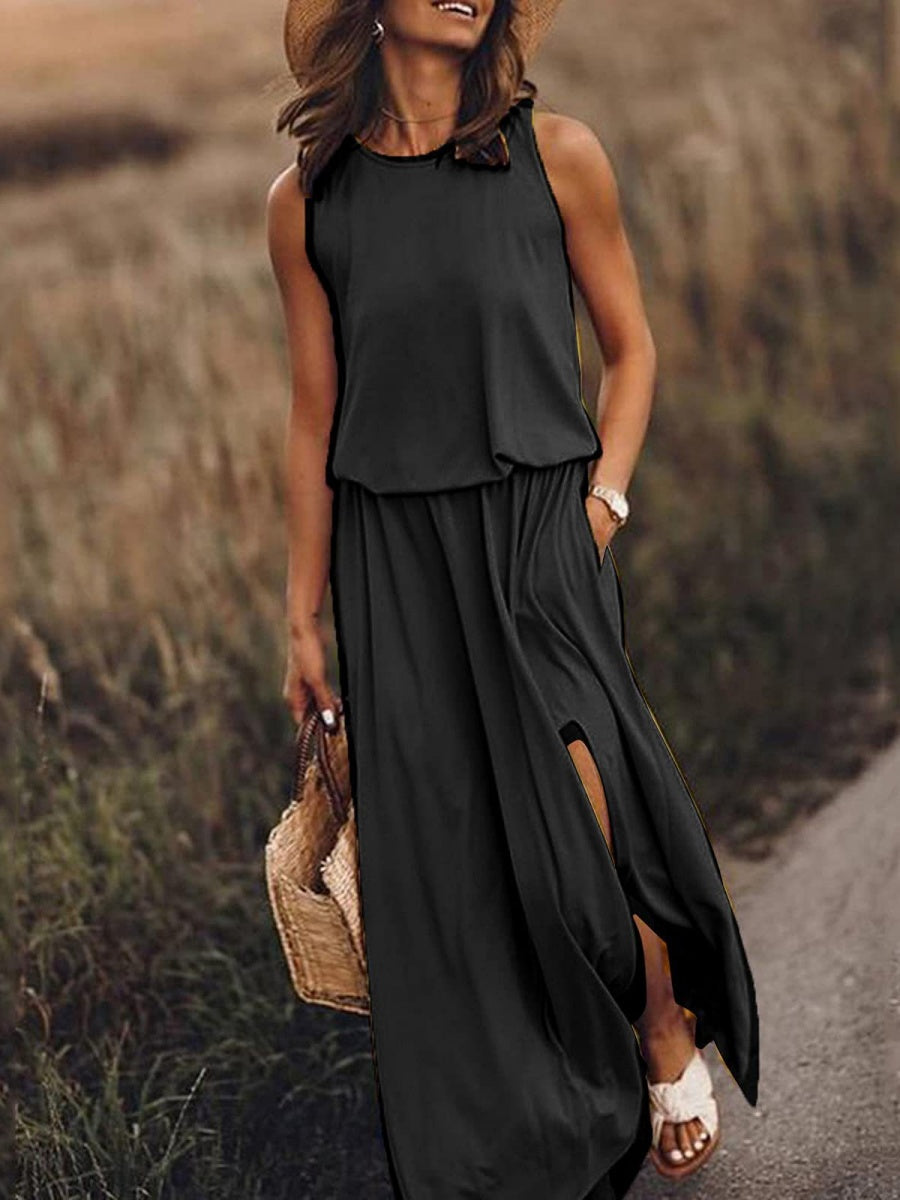 Round Neck Sleeveless Slit Long Dress