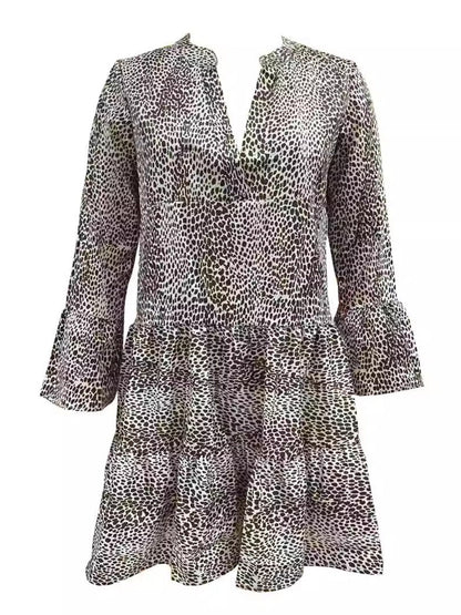 Leopard Print V-neck Long Sleeves Large Skirt Mini&Short Dresses
