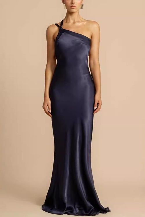 One Shoulder Backless Satin Maxi Party Dress