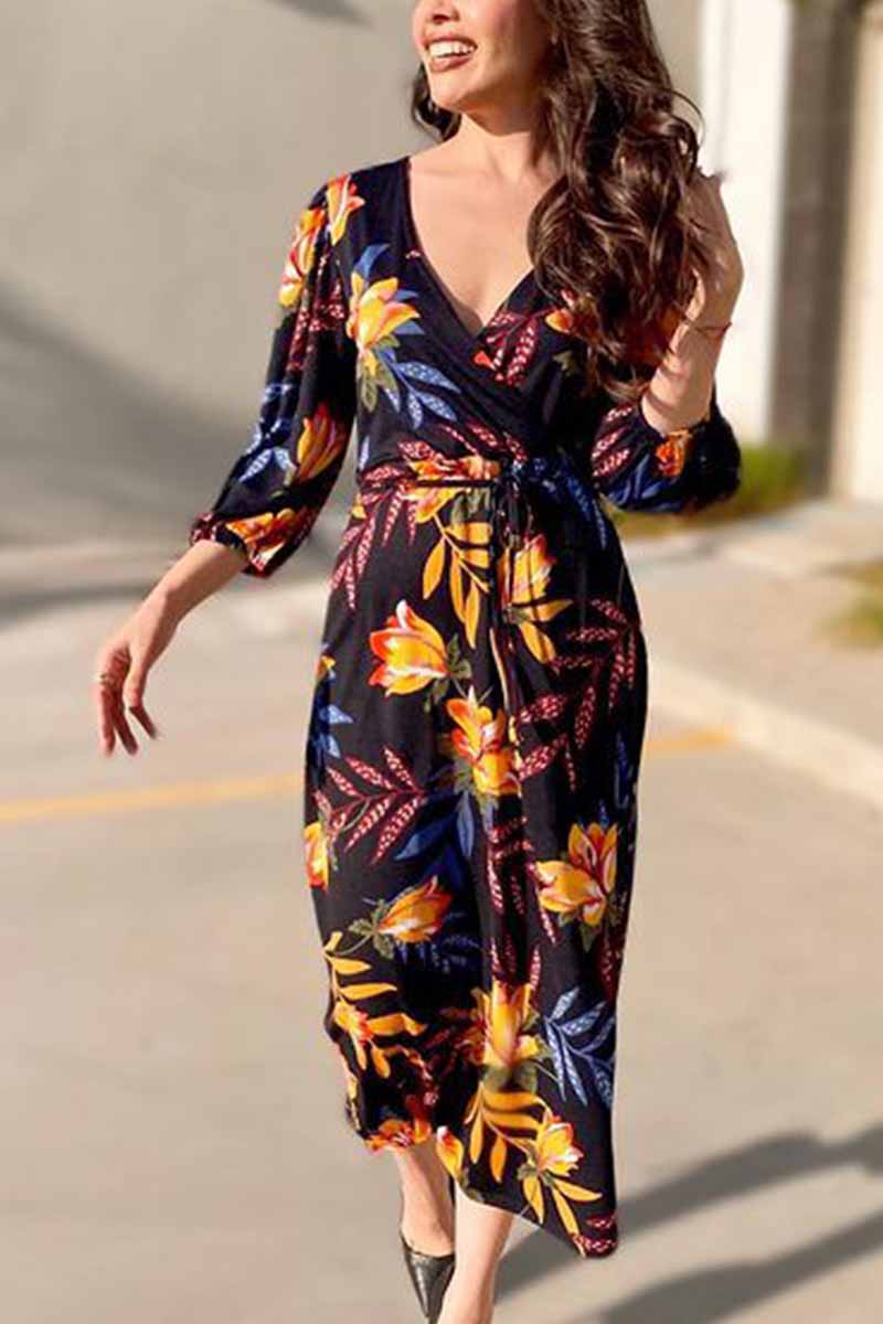 Floral Print Wrap Tie Waist Three Quarter Puff Sleeve Midi Dress