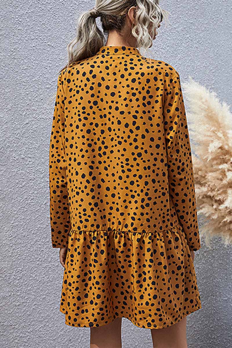 Spot Print Button Front Roll Tab Sleeve Tiered Ruffle Hem Shirt Mini Dress