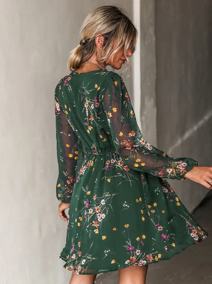 Printed Chiffon V-neck Sheer Long Sleeves Mini&Short Dresses