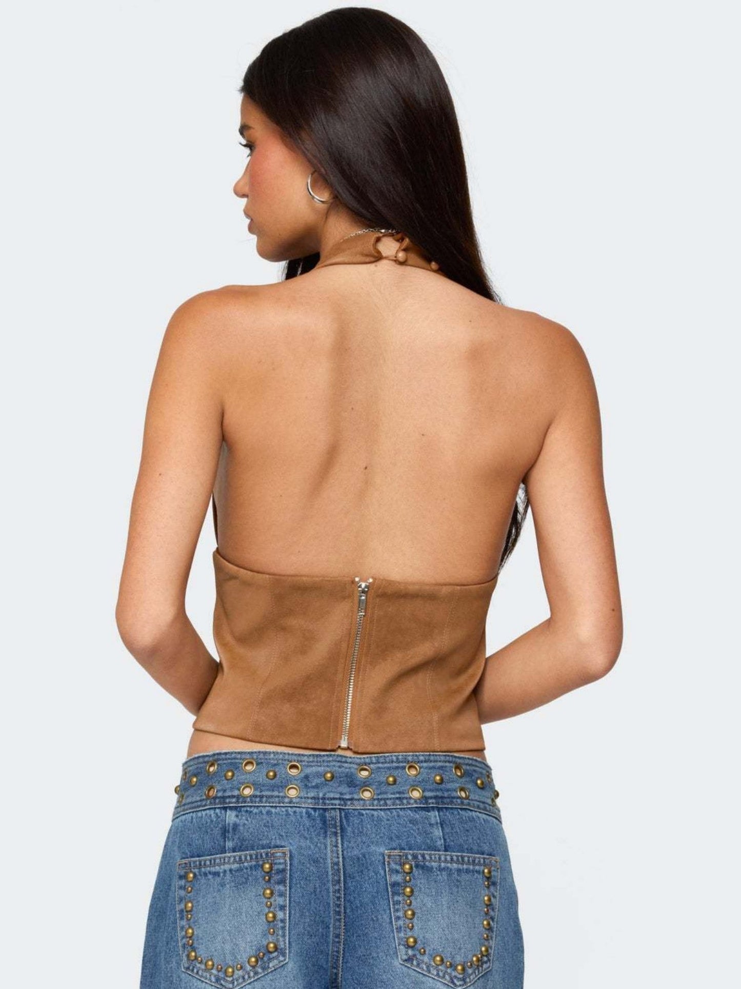 Rivets V-neck Halter Neck Backless Tank Tops