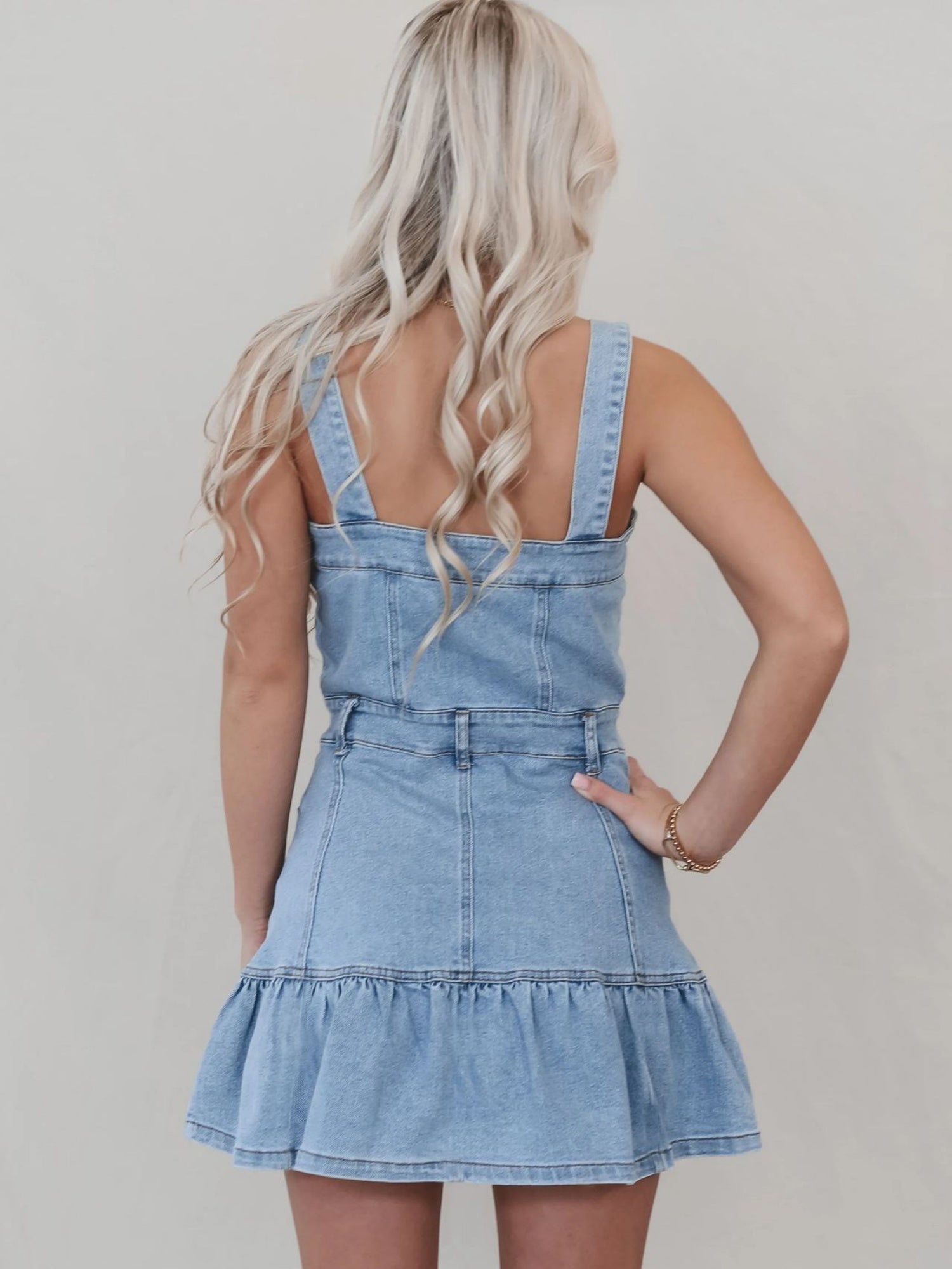Denim Ruffle Buttons Spaghetti Strap Waist Mini&Short Dresses