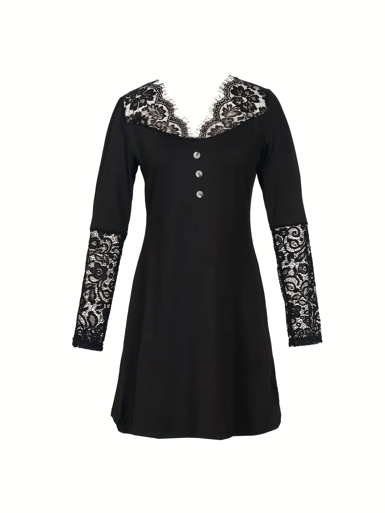Floral Lace Yoke V-Neck Button-Front Lace Cuff Bodycon Mini Dress