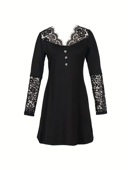 Floral Lace Yoke V-Neck Button-Front Lace Cuff Bodycon Mini Dress