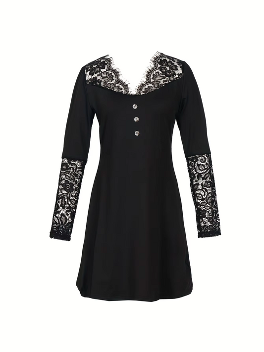 Floral Lace Yoke V-Neck Button-Front Lace Cuff Bodycon Mini Dress
