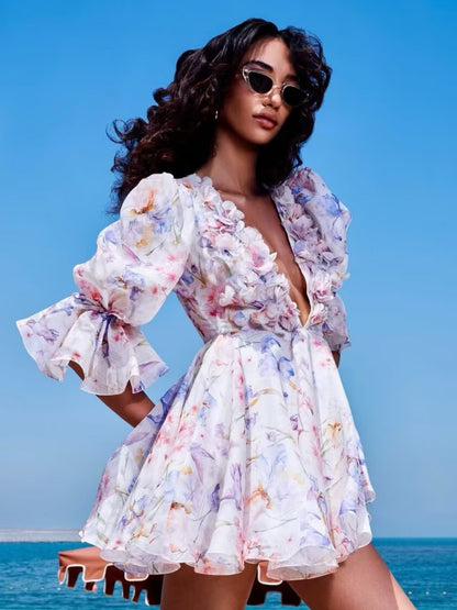 Floral Print Chiffon Puff Sleeve V-neck Mini&Short Dresses