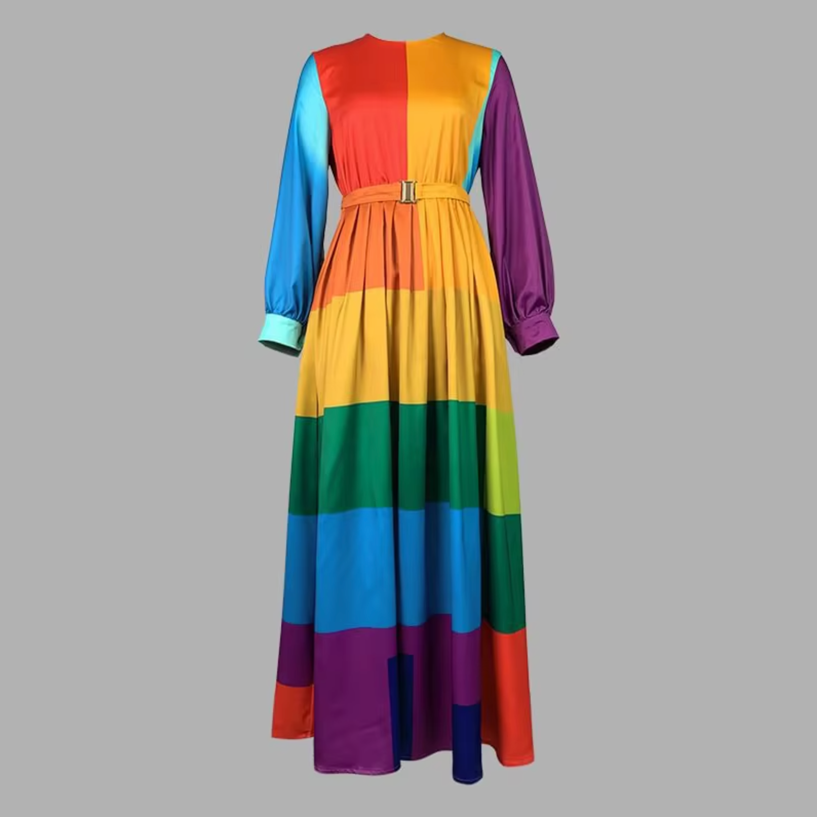 Color-Blocked Horizontal Stripe Bishop Sleeve Belted Pleated Maxi Dress