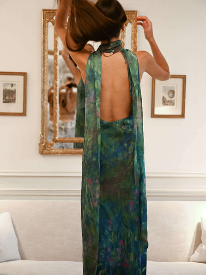 Halter Scarf Neck Keyhole Plisse Print Maxi Dress
