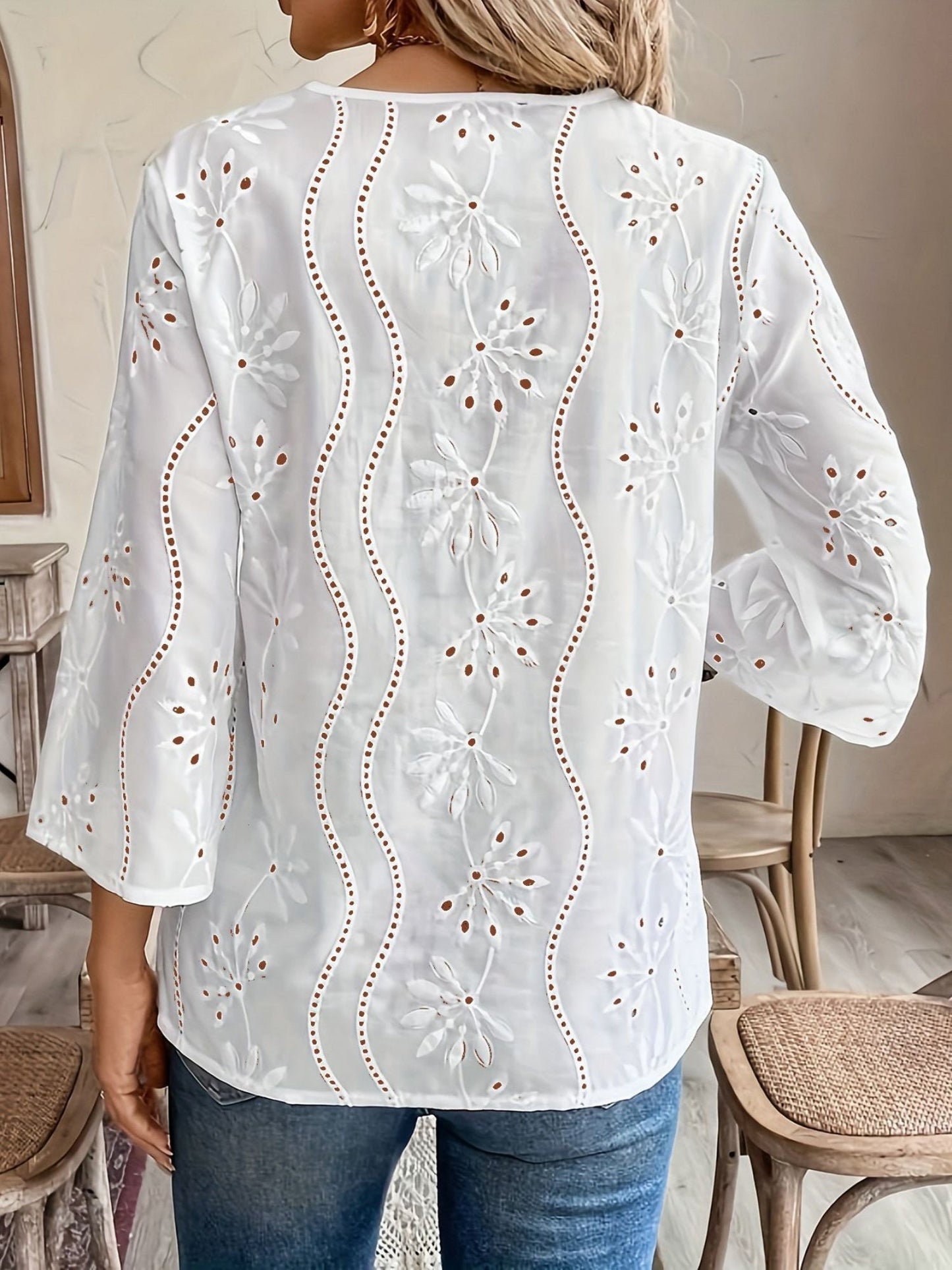 Lace Cutout Chiffon Embroidery V-neck  Flare Sleeve Long-sleeved T-shirt