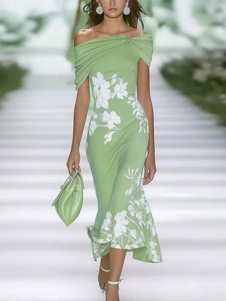 Ruffle Floral Print Sloping Shoulders Short-sleeved Midi Dress