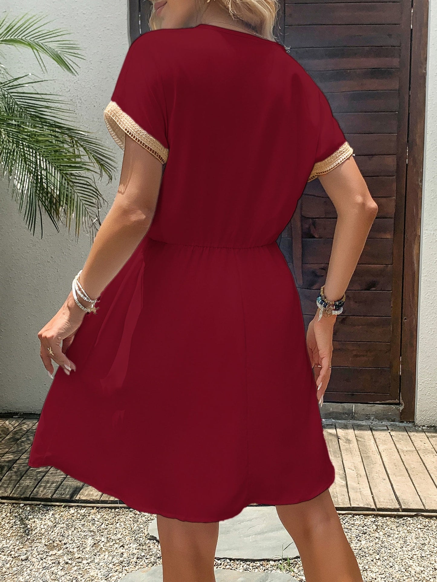 Spliced Waist Corset V-neck Short Sleeve Mini&Short Dresses