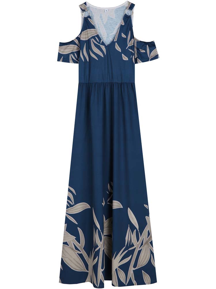 Cold Shoulder Plunging V Neck Pocket Botanical Print Empire Waist Maxi Dress