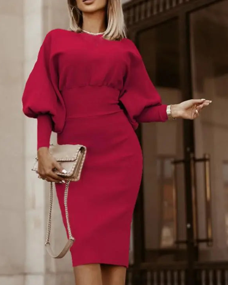 Lantern Sleeve Crew Neck Fitted Bodycon Midi Dress