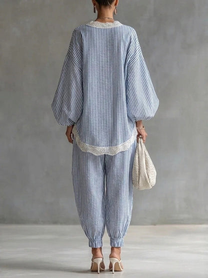 Long-sleeved Blue And White Striped Lace-trimmed Loose-fitting Wide-leg Pants Two-piece Set