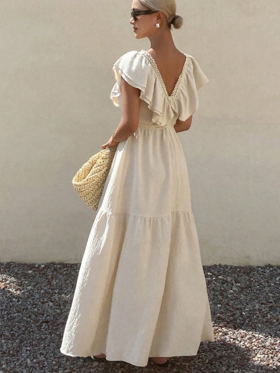 Lace-trimmed Loose-fitting V-neck Apricot Long Dress