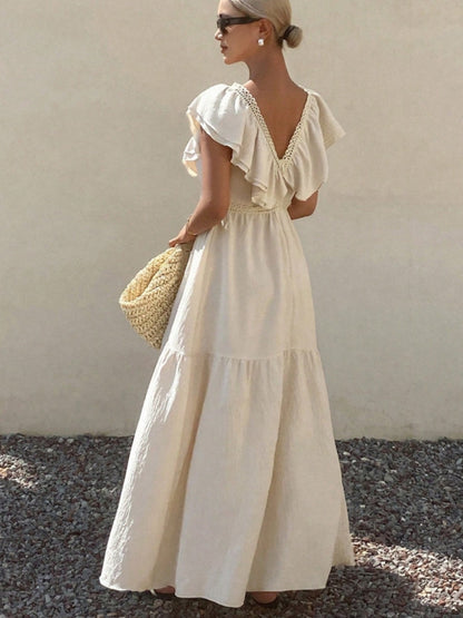Lace-trimmed Loose-fitting V-neck Apricot Long Dress