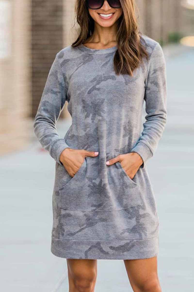 Camouflage Print Kangaroo Pocket Ribbed Cuff Sweatshirt Mini Dress