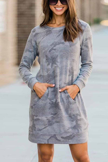 Camouflage Print Kangaroo Pocket Ribbed Cuff Sweatshirt Mini Dress