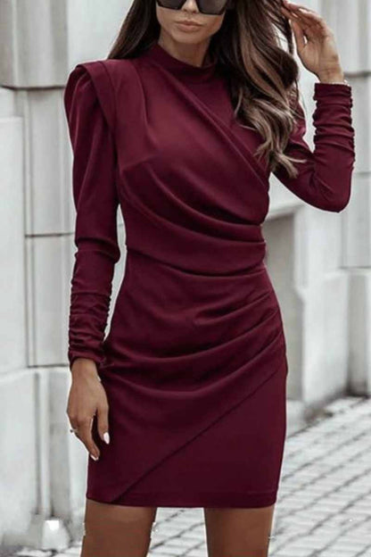 Mock Neck Ruched Puff Shoulder Draped Wrap Bodycon Mini Dress