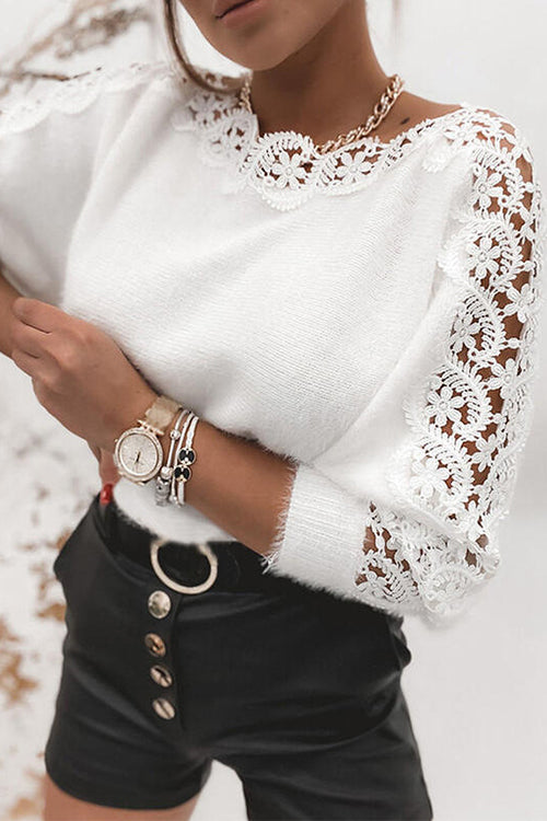 Margovil Hollow Out Lace Splice Long Sleeves Knit Top