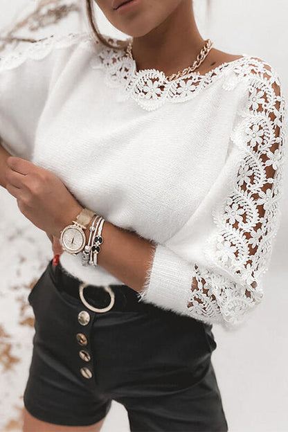Margovil Hollow Out Lace Splice Long Sleeves Knit Top