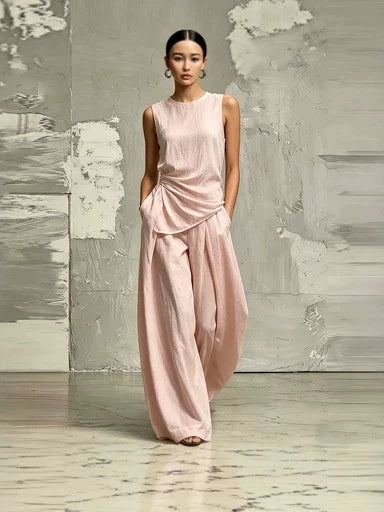 Casual Solid Color Round Neck Loose Sleeveless Top And High-waisted Trousers Two-piece Set