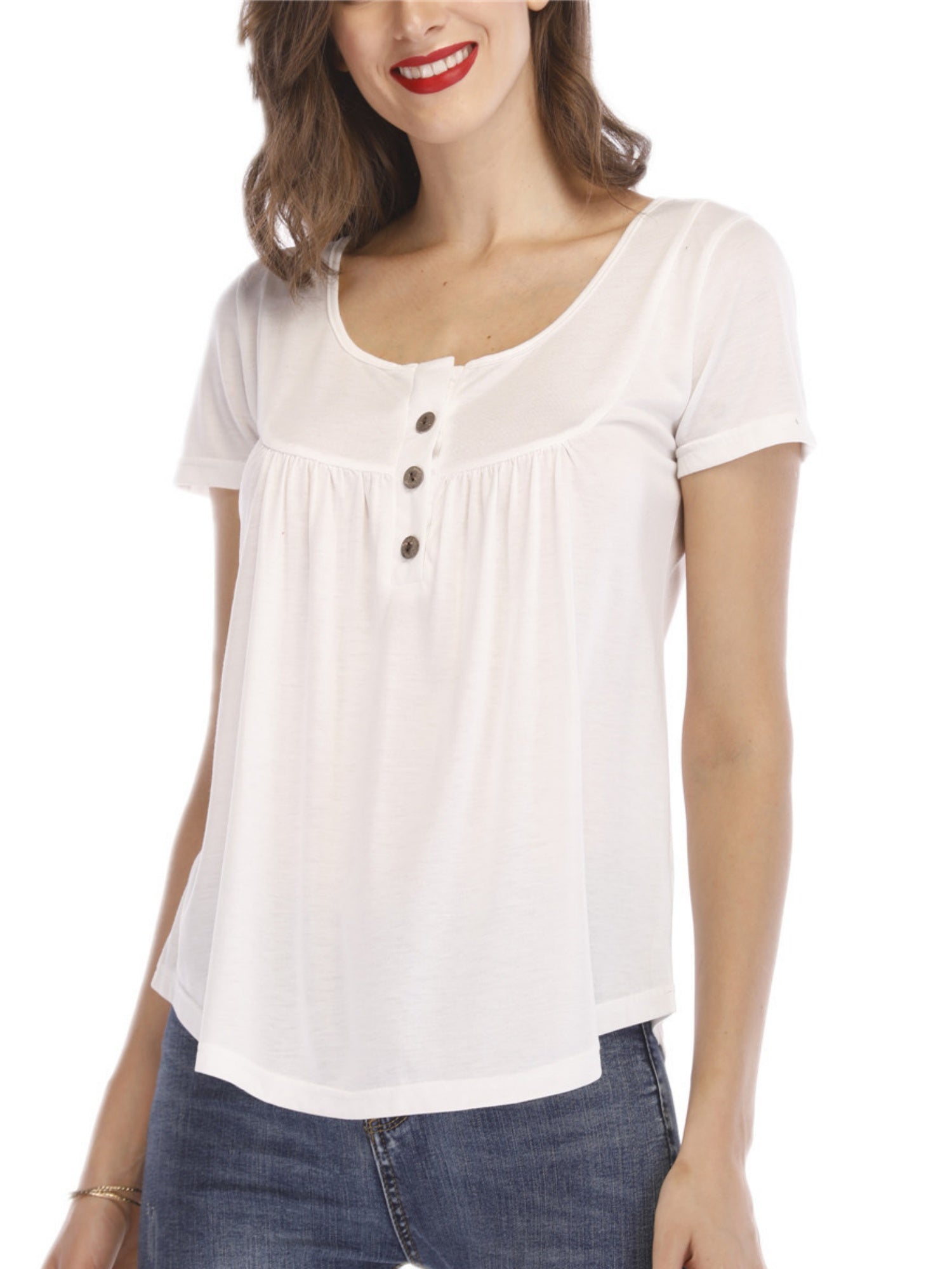 V-neck Pleated Buttons Loose-fit Short-sleeved T-shirt