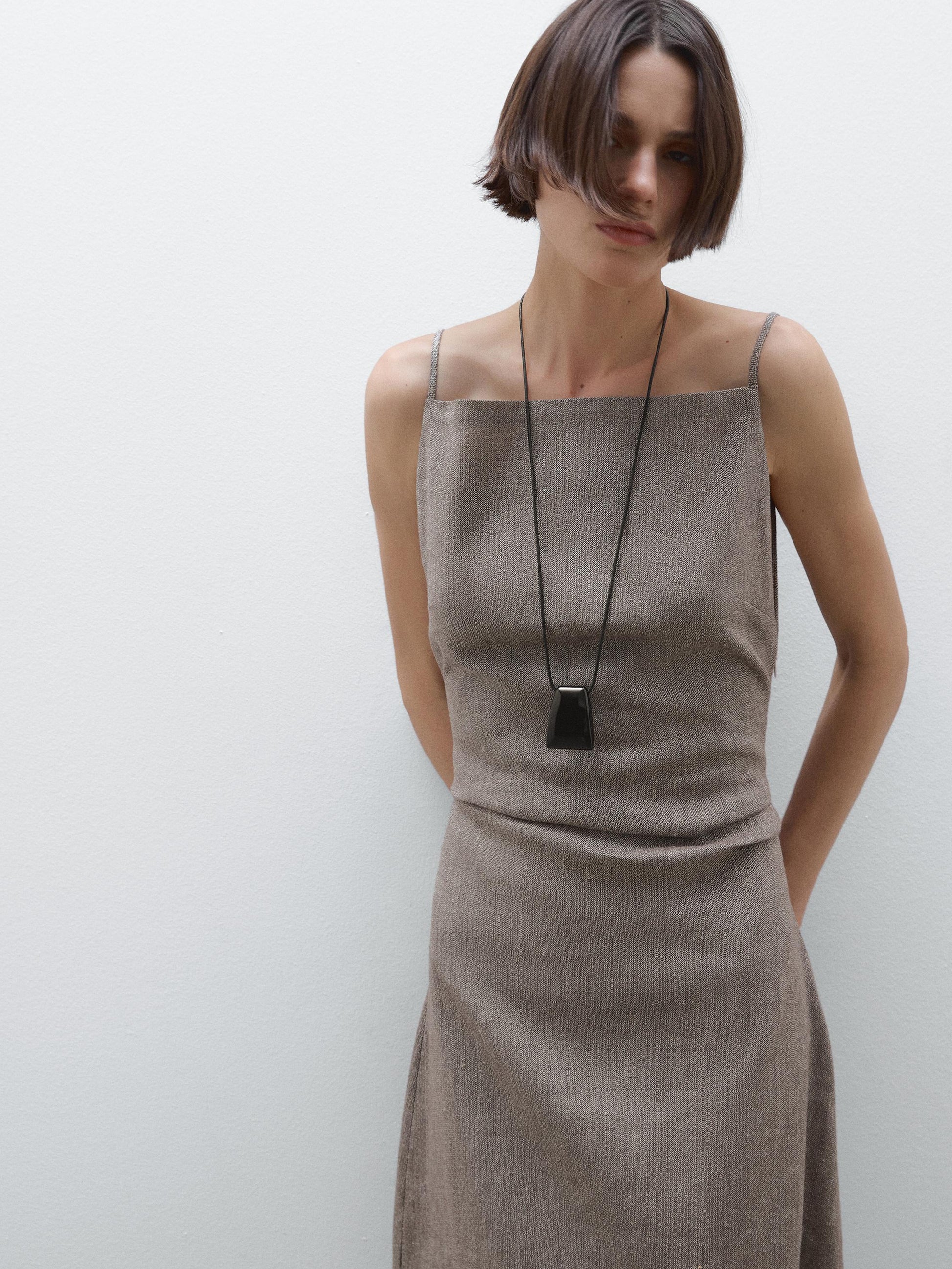Square Neck Spaghetti Strap Overlay Waist Linen Look Midi Dress