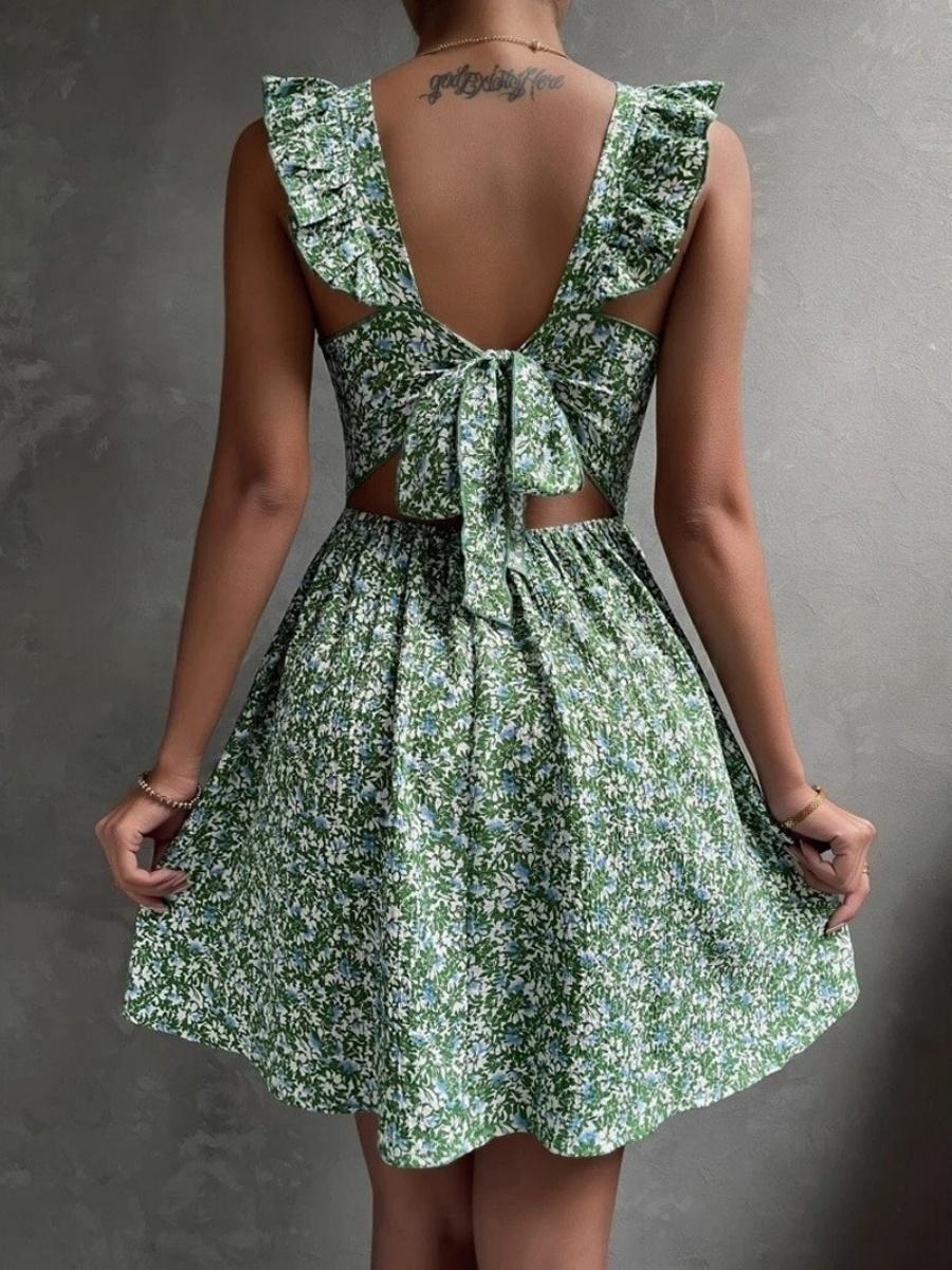 Ruffled Square Neckline, Lotus Leaf Shoulders, Bow-tie, Full Skirt, Floral Print Short Dress