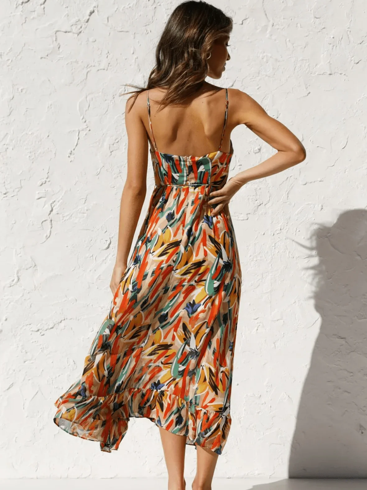 Abstract Brushstroke Print Spaghetti Strap Ruffle Hem Midi Dress