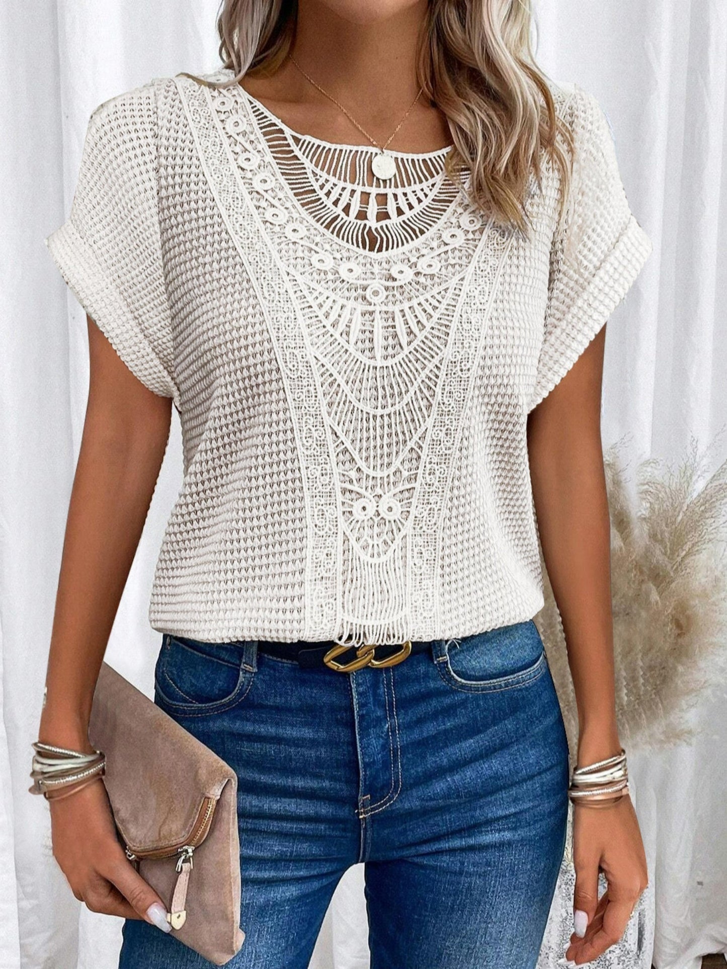 Openwork Lace Crew Neck Patchwork Cropped T-shirt