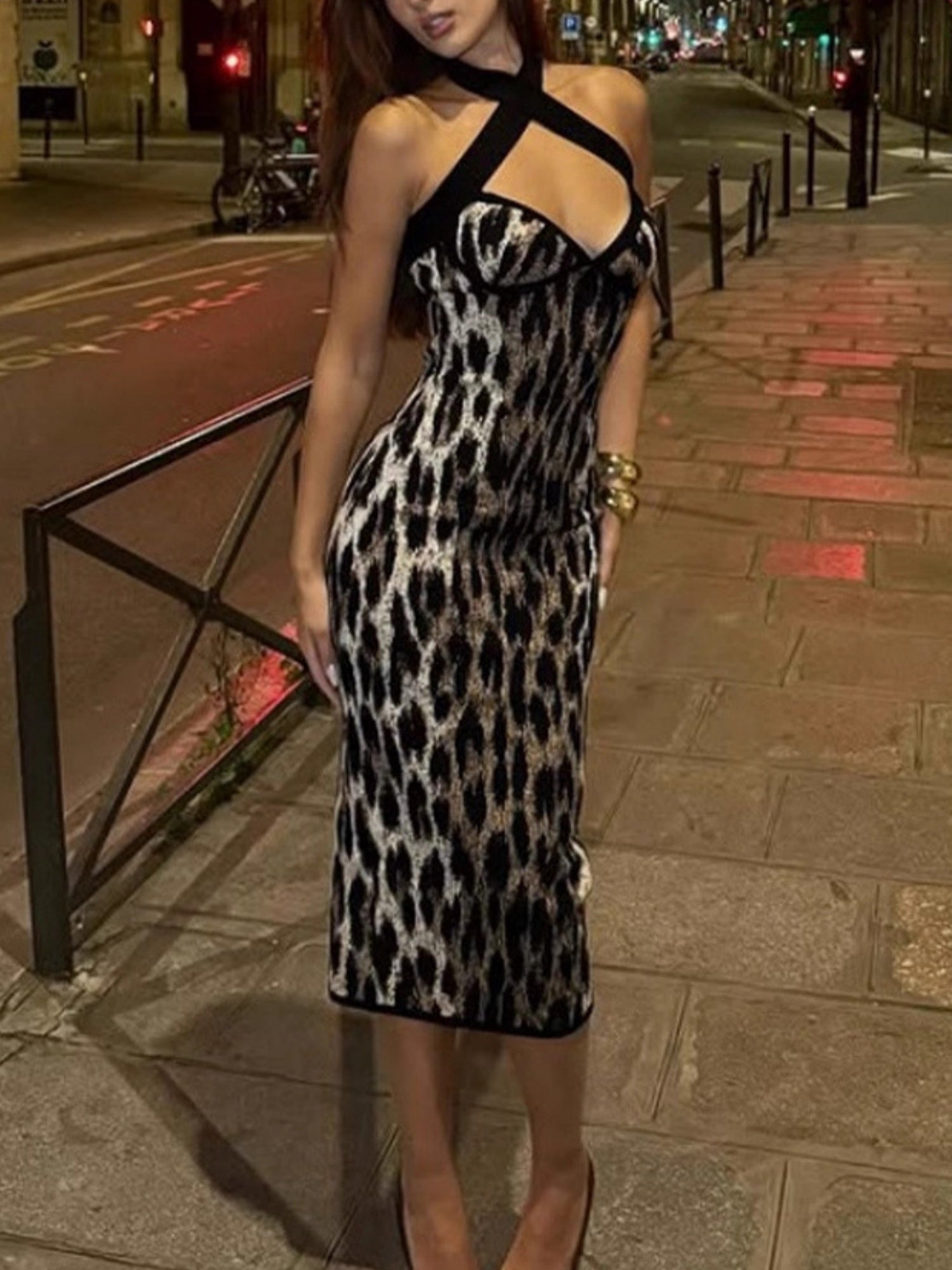 Leopard Print Cross-neck Backless And Figure-hugging Maxi Dresses