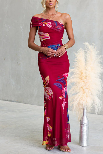 Asymmetrical Shoulder Floral Print Bodycon Maxi Dress